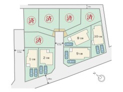【全体区画図】
早くも5棟ご成約済みです！
南側道路に面しているため、陽当良好です！
物件詳細や現地ご案内希望など、お気軽にお問い合わせください！

