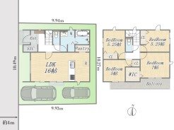 【区画図、間取り図】
4LDK+WIC+SIC+Pantry+カースペース2台
土地面積：104.25m2（31.53坪）
建物面積：97.71m2（29.55坪）
