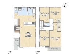 【1号棟】
Plan：4LDK+カースペース2台分
土地面積：96.07㎡（29.06坪）
建物面積：91.37㎡（27.63坪）