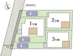 【全体区画図】
敷地面積は全棟123㎡（37坪）超えの資産価値の高い住まい。
家族・ご友人との食事やガーデニング、ペットや子供の遊び場として、様々な活用が可能なウッドデッキのある住まいが全棟にあります