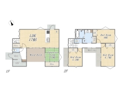 【1号棟】
Plan：4LDK+SIC+ウッドデッキ+カースペース
土地面積：126.88㎡（38.38坪）
建物面積：101.02㎡（30.55坪）