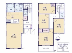 【間取り図】
Plan：4LDK+カースペース
敷地面積：86.83㎡（26.26坪）
建物面積：86.79㎡（26.25坪）