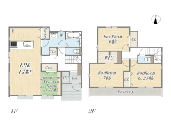 【1号棟】
Plan：4LDK+WIC+SIC+Pantry+カースペース2台
敷地面積：145㎡（43.86坪）
建物面積：104.12㎡（31.49坪）