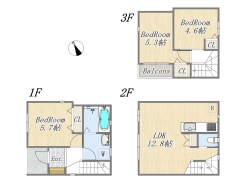 【間取り図】2SLDK+小屋裏収納
※3F4.6帖は法規上「納戸」扱い