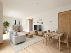 【LDK：14.87帖】
木の温もりと白の清澄さが心地よく調和し、穏やかな時間が流れる空間。
日々の暮らしに安らぎと彩りをもたらす、そんな温かい住まいを予感させます

本画像はCGで作成しており、実際に現地に家具は配置しておりません。また、価格に家具は含まれません。
