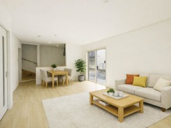 【LDK：1号棟】
本画像はCGで作成しており、実際に現地に家具は配置しておりません。また、価格に家具は含まれません。
