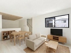 【LDK：15.5帖】
シンプルながらも洗練された、落ち着きのある住まい。
本画像はCGで作成しており、実際に現地に家具は配置しておりません。また、価格に家具は含まれません。
