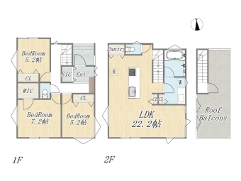 【C号地 参考プラン】 Plan：3LDK+WIC+SIC+Pantry+ルーフバルコニー+カースペース 土地面積：84.89㎡（25.68坪） 建物面積：101.43㎡（30.68坪） 建物参考価格：2000万円