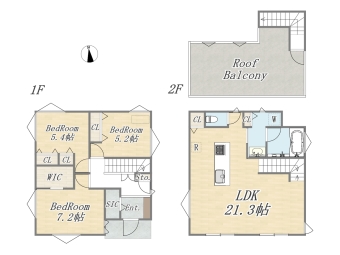【B号棟】建売販売価格：12190万円 Plan：3LDK+WIC+SIC+ルーフバルコニー+カースペース 土地面積：94.78㎡(28.67坪) 建物面積：97.08㎡（29.37坪）