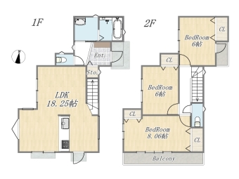 【2号棟】 Plan：3LDK＋カースペース 土地面積：118.40㎡ 建物面積：92.32㎡