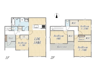 【13号棟】 Plan：4LDK+3WIC+ワイドバルコニー+カースペース2台 土地面積：142.01㎡（42.95坪） 建物面積：105.57㎡（31.92坪）
