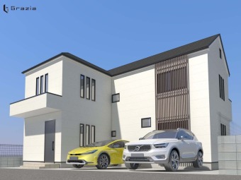 【建物イメージパース】～Grazia 調布深大寺北町～ 駐車スペース3台分＋LDK23帖以上の4LDK大型邸宅が誕生！耐震等級3取得の地震に強い住まい。太陽の光を多く取り込める様に窓の数を多く設計。
