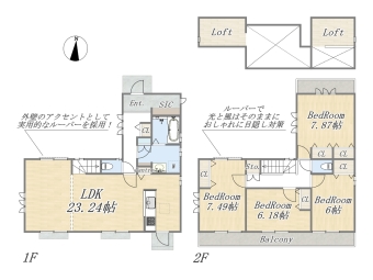 Plan：4LDK+SIC+Pantry+2Loft+カースペース3台分 間仕切り壁を使用すれば5LDKとしても利用できます。 ご家族のライフステージやライフスタイルに合わせた間取で生活が可能です！ 土地面積：149.11㎡(45.1坪) 建物面積：119.20㎡（36.05坪）