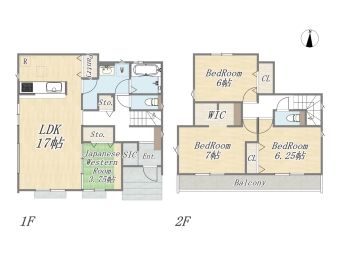 【1号棟】 Plan：4LDK+WIC+SIC+Pantry+カースペース2台 敷地面積：145㎡（43.86坪） 建物面積：104.12㎡（31.49坪）