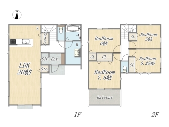 【3号棟】 Plan：4LDK+SIC+Pantry+ワイドバルコニー+カースペース2台 敷地面積：144㎡（43.56坪） 建物面積：104.33㎡（31.55坪）