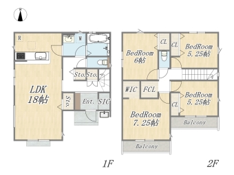 【2号棟】 Plan：4LDK+2WIC+SIC+カースペース2台 敷地面積：144㎡（43.56坪） 建物面積：104.33㎡（31.55坪）
