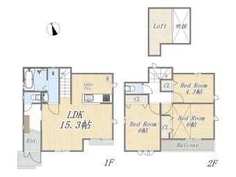 【1号棟】 Plan：3LDK+Loft+カースペース 敷地面積：100.65㎡（30.45坪） 建物面積：76.17㎡（23.04坪）