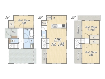 【建物プラン例①：1号地】 Plan：3LDK+Pantry+ワイドバルコニー+ビルトインガレージ 建物参考価格：2500万円 建物面積：88㎡