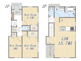 【建物プラン例：2号地】 Plan：3LDK+ワイドバルコニー 建物参考価格：2000万円 建物面積：78㎡ 