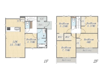 【1号地 参考プラン】 Plan：5LDK+2WIC+SIC+Pantry+カースペース2台可 建物参考価格：2003万円 建物面積：103㎡ 