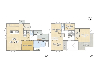 1号地 【プラン例】
Plan：4LDK+SIC+pantry+ウッドデッキ+ワイドバルコニー
建物参考価格：2500万円