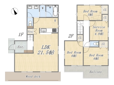 【間取り図：5号棟】
3SLDK+ウッドデッキ+小屋裏収納+ワイドバルコニー+カースペース