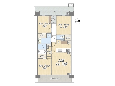 【間取り図】
Plan：3LDK+3WIC+Pantry｜専有面積：72.76㎡（22坪）｜バルコニー面積：11.34㎡（3.43坪）