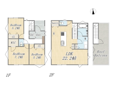【C号地 参考プラン】 Plan：3LDK+WIC+SIC+Pantry+ルーフバルコニー+カースペース 土地面積：84.89㎡（25.68坪） 建物面積：101.43㎡（30.68坪） 建物参考価格：2000万円