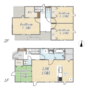 【1号棟】 Plan：4LDK+WIC+Pantry+カースペース2台 土地面積：108.01㎡（32.67坪） 建物面積：96.88㎡（29.30坪） 南側主採光1F15帖LDK/水回り集約設計/全居室2面採光/トイレ2カ所/大容量パントリー