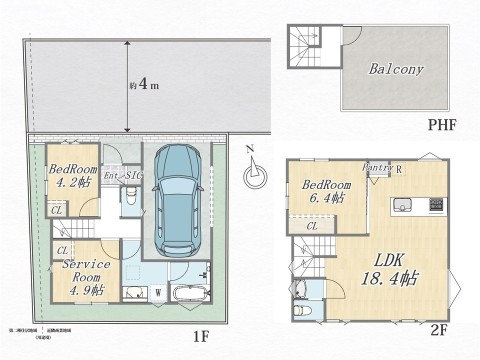 Plan：2SLDK＋Pantry＋ルーフバルコニー＋ビルトインガレージ 建物面積：63.95㎡（19.34坪） 建物面積：81.73㎡（24.72坪）