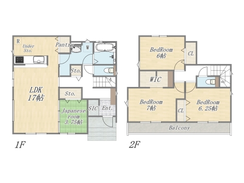 【間取りプラン例①】 暮らしに合わせたオンリーワンの住まいづくりが実現します。 Plan：4LDK 建物参考価格：2000万円 建物面積：104㎡（31坪）