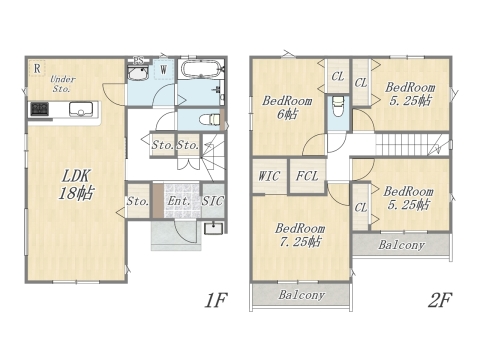 【間取りプラン例②】 暮らしに合わせたオンリーワンの住まいづくりが実現します。 Plan：4LDK 建物参考価格：2000万円 建物面積：104㎡（31坪）
