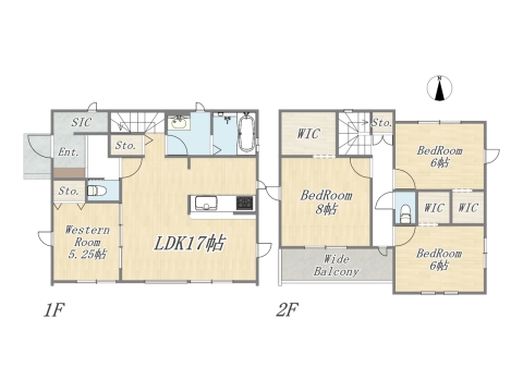【15号棟】 Plan：4LDK+3WIC+SIC+ワイドバルコニー+カースペース2台 土地面積：142㎡（42.95坪） 建物面積：105.57㎡（31.93坪）