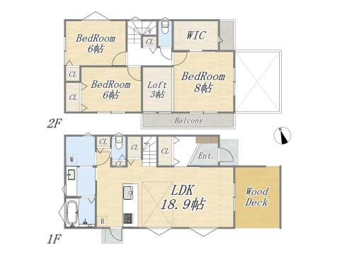 【E号棟Plan：3LDK+ウッドデッキ+WIC+Pantry+Loft+カースペース】 