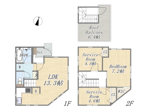 【間取り図】 Plan：1LDK+2S+WIC+ルーフバルコニー 土地面積：54㎡（16.33坪） 建物面積：73.33㎡（22.18坪）