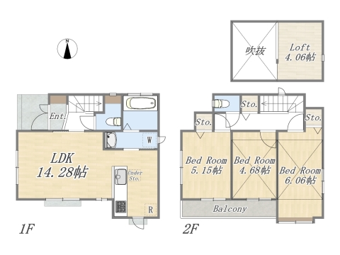 Plan：3LDK＋ロフト＋カースペース 土地面積：90.52㎡（27.38坪） 建物面積：72.35㎡（21.89坪）