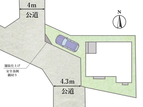 【全体区画図】 幅員：西側4m公道に2.75m接道、南側4.3m公道に4.41m接道しているので、駐車スペースに車を停めるのも余裕があります。
