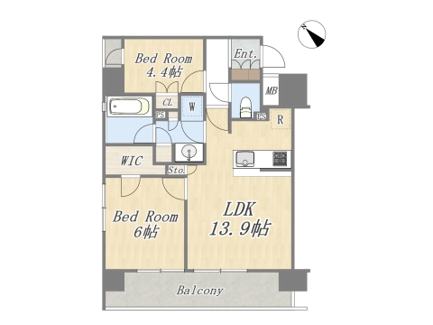 【間取り図】 Plan：2LDK+WIC 専有面積：56.04㎡（16.95坪） バルコニー面積：11.72㎡