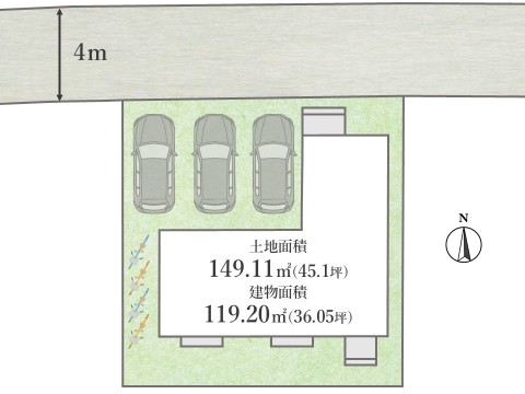 【区画図】 敷地面積149.11㎡(45.1坪)で資産性の高い敷地が閑静な住宅街に登場！駐車スペース3台分も完備されていて、4LDKと広い間取り設計です！