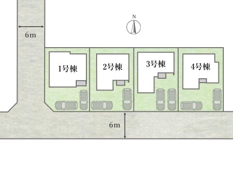 【全体区画図】 周辺環境が整った緑豊かな地に敷地面積144㎡（43坪）超の立地に限定4棟が登場！ 耐震等級3取得、ZEH水準仕様住宅なので長く安心して暮らせます！