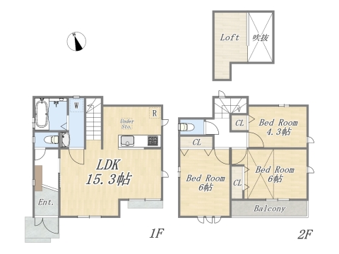 【1号棟】 Plan：3LDK+Loft+カースペース 敷地面積：100.65㎡（30.45坪） 建物面積：76.17㎡（23.04坪）
