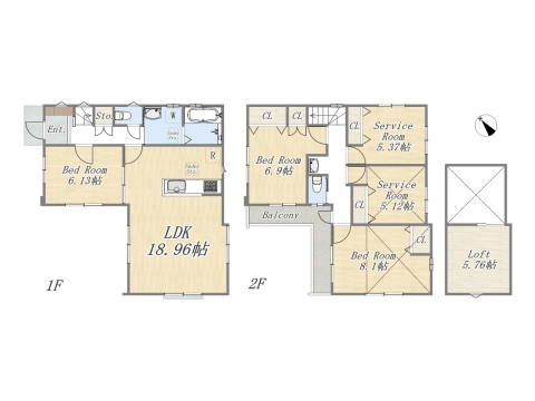 【参考プラン】 Plan：3LDK+2S+Loft+カースペース 土地面積：123.15㎡（37.25坪） 建物面積：11.36㎡（33.68坪） 建物参考価格：1530万円
