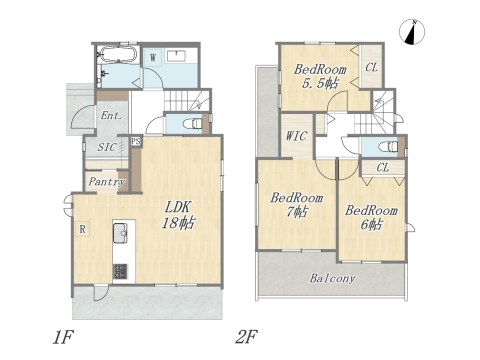 【1号棟モデルハウス棟】Plan：3LDK+WIC+SIC+Pantry｜太陽光パネル搭載ZEH住宅