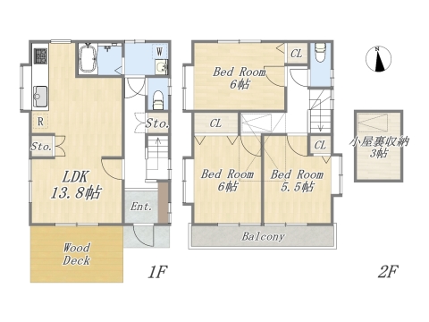 【間取り図】LDK+小屋裏収納+ウッドデッキ+カースペース