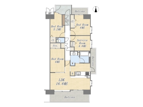 【間取り図】3SLDK+ワイドバルコニー