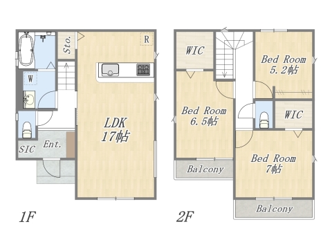 【1号地 参考プラン】 Plan：3LDK+2WIC+SIC+カースペース2台可