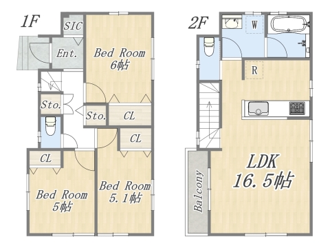 【建物プラン例②：1号地】 Plan：3LDK+SIC 建物参考価格：2000万円 建物面積：78㎡ 