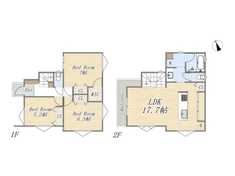 【間取り図】3LDK+WIC+Pantry+カースペース 