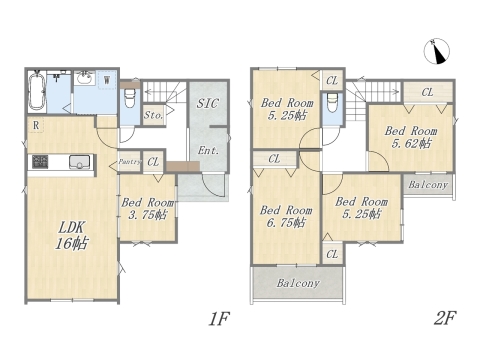 【16号地 参考プラン】 Plan：5LDK+SIC+Pantry+カースペース2台 建物参考価格：1603万円 建物面積：105.17㎡