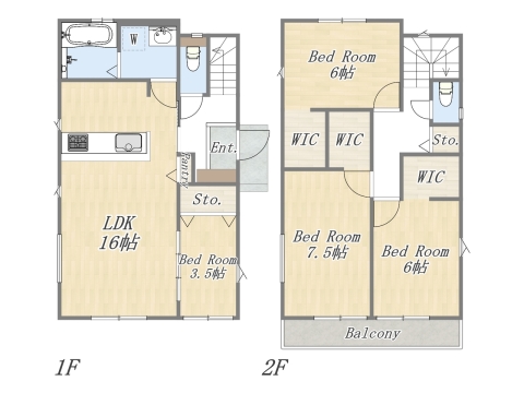 【1号地 参考プラン】 Plan：4LDK+3WIC+Pantry+カースペース2台 建物参考価格：1903万円 建物面積：97.70㎡ 